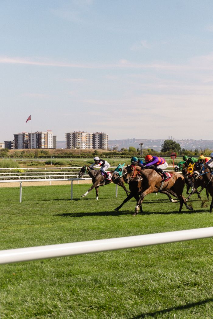 Dynamic scene of horse racing on a bright day with jockeys competing fiercely.